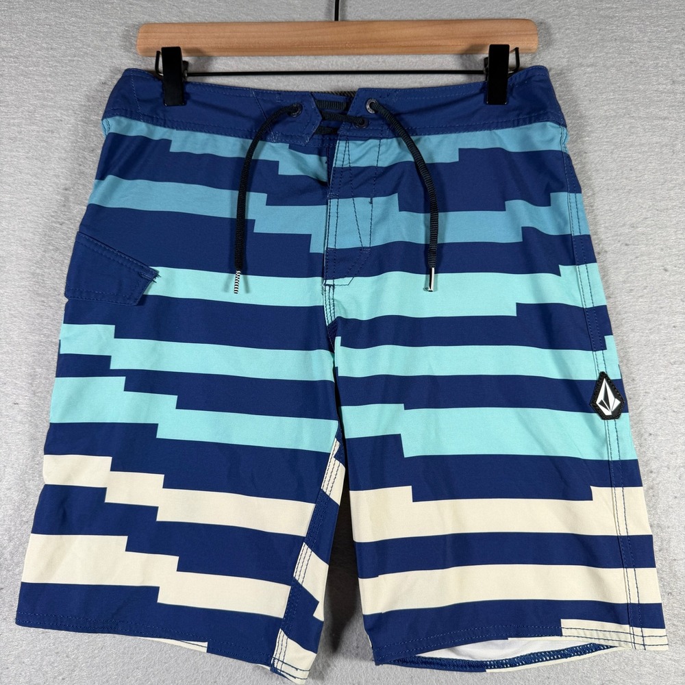 Volcom Mod-Tech Mens Board Shorts Blue Teal Geometric Striped‎ Swim Trunks 29